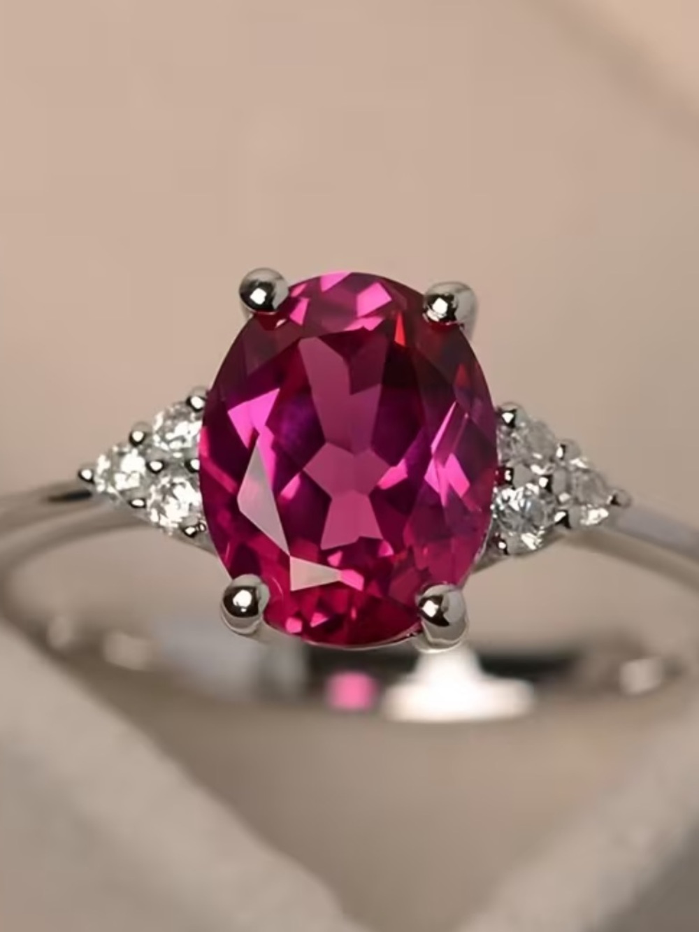 New Pink Oval Gemstone Ring with Side Diamonds